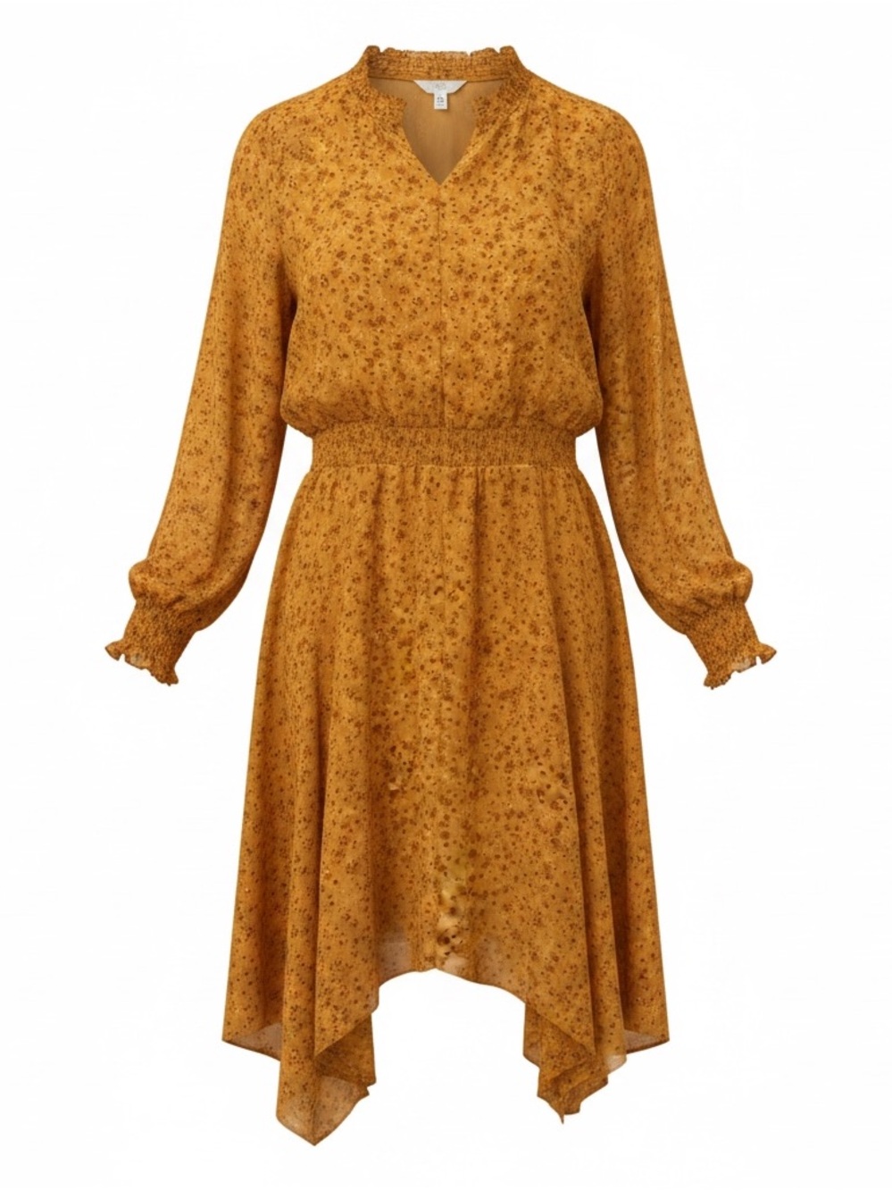 Mustard Floral Long-Sleeve Handkerchief Hem Dress